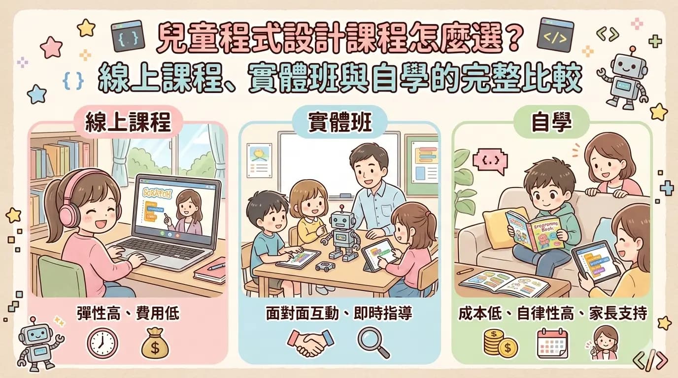 兒童程式設計課程怎麼選？線上課程、實體班與自學完整比較【2026 指南】